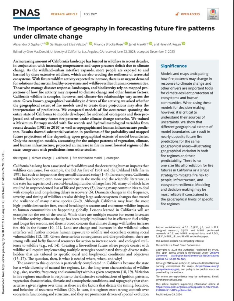 First page pf "The Importance of Geography in Forecasting Future Fire Patterns Under Climate Change" PDF article